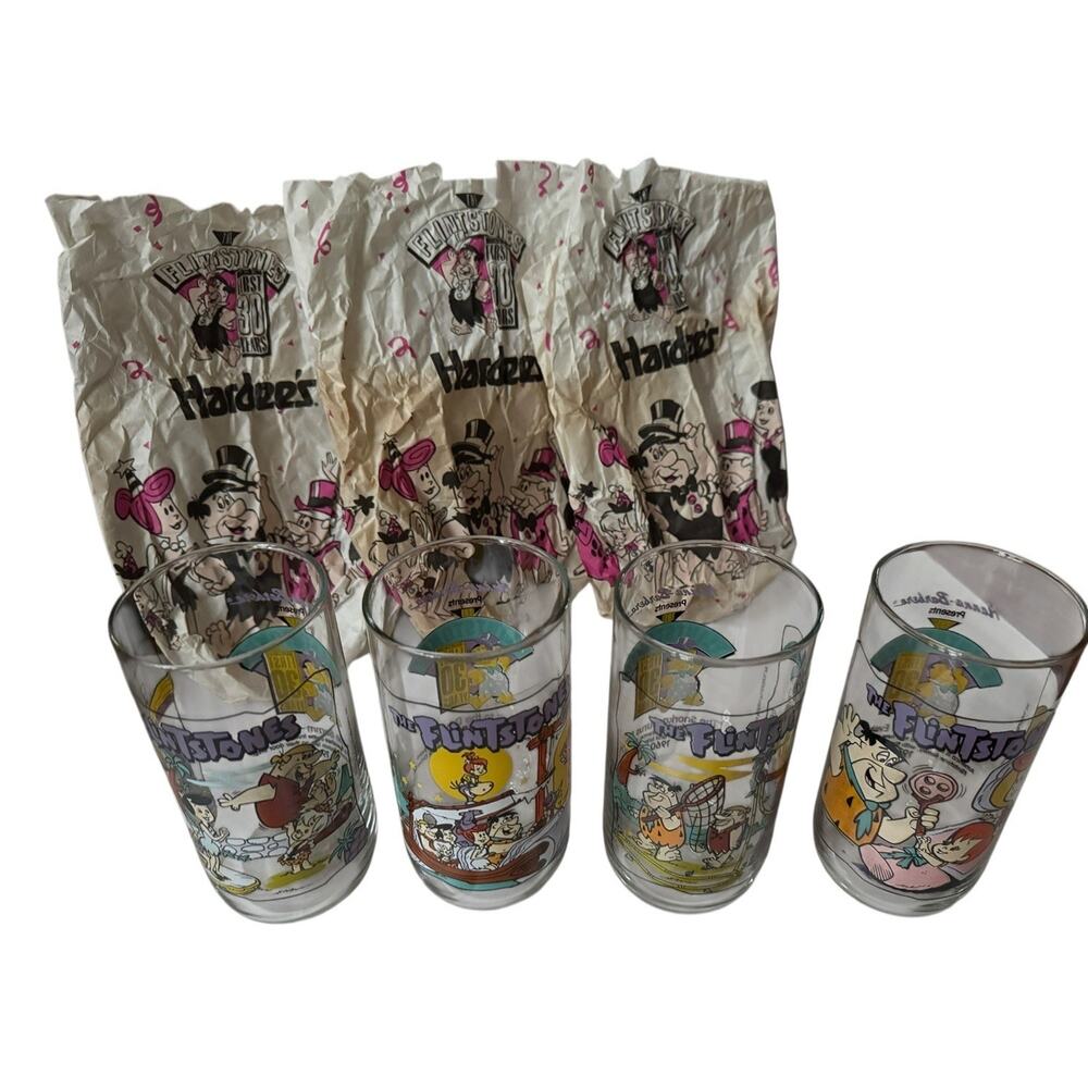 VTG 1991 The Flintstones Hardees Glasses + 3 Original Bags 30 Years Complete Set